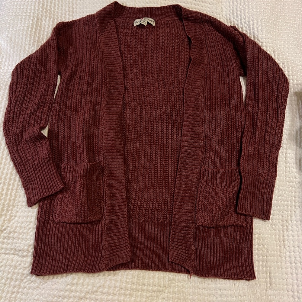 Burgundy Chunky Knit Cardigan Sweater